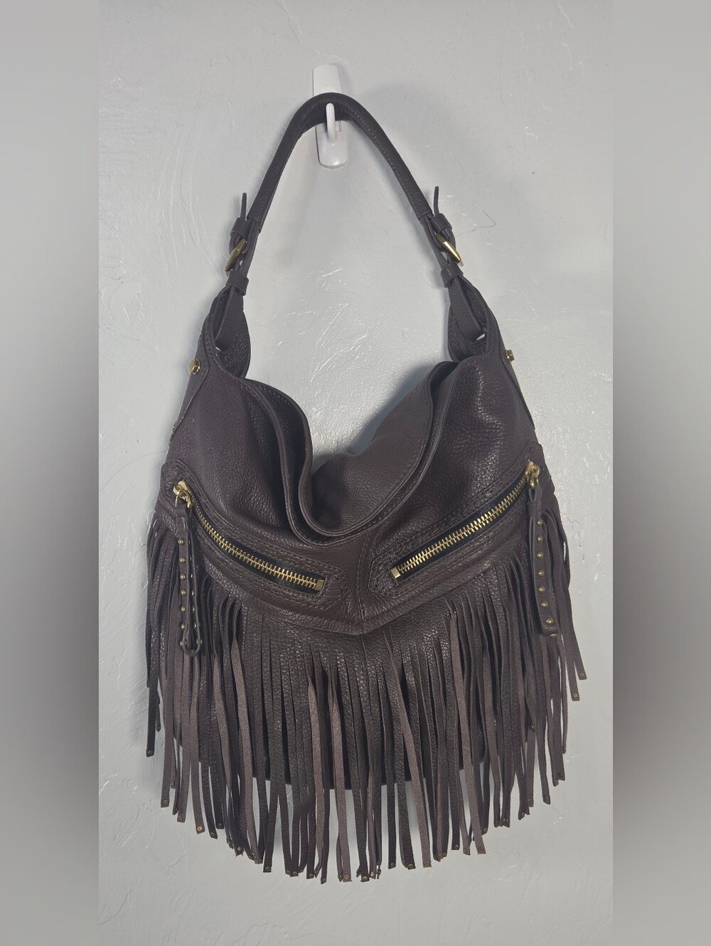 Oryany Chocolate Brown Leather Fringe Hobo Bag Boho Western Cowgirl Moto